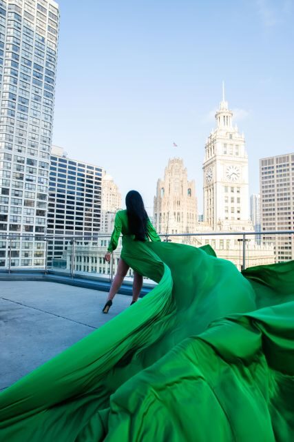 Chicago Luxury Flying Dress Photoshoot - The Chicago Riverwalk stop: flowing fabric meets water-and-city light