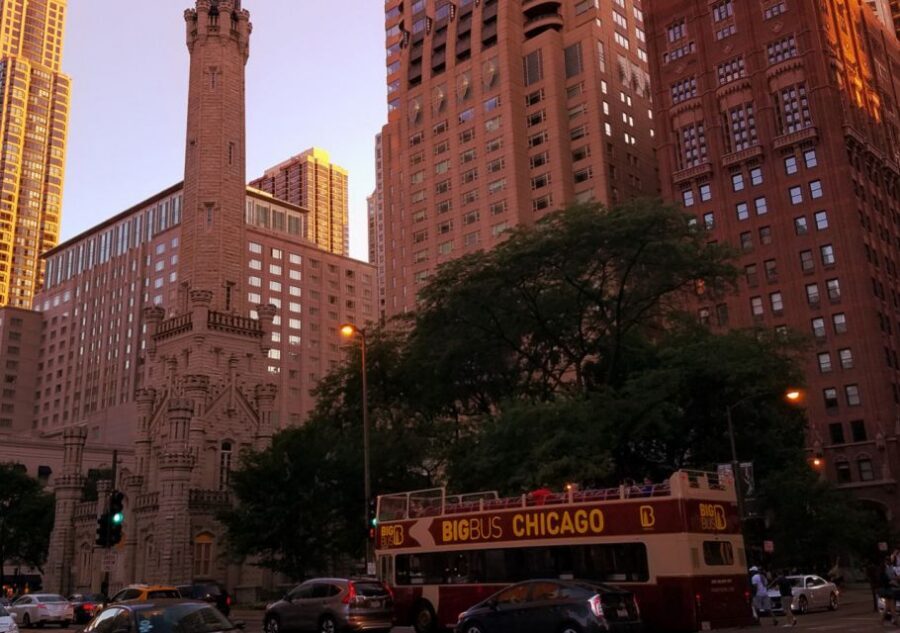 Chicago: Sunset Tour by Open-top Bus with Live Guide - River North at night: your guide turns downtown into a story